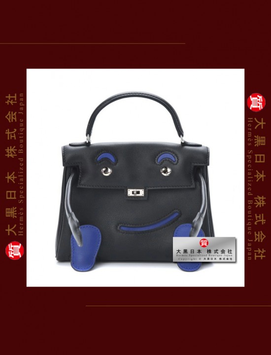 HERMES KELLY DOLL TWO COLOUR (Pre-Owned) Black / Bleu electrique, Swift leather, Phw